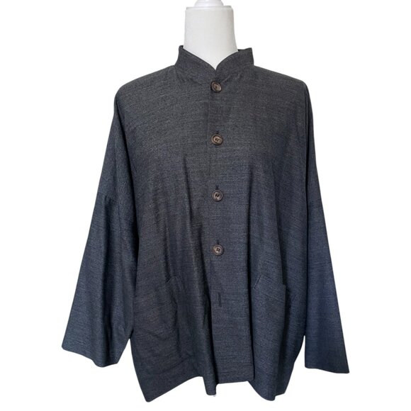 Eskandar Wool Lagenlook Grey Mandarin Stand Band Collar Short Jacket Coat - Picture 1 of 10